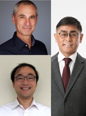 スイス連邦工科大学ローザンヌ校のダリオ・フロリアーノ教授(左上)、電気通信大学の新竹純准教授(左下)、日経エレクトロニクスの中道 理編集長(右)