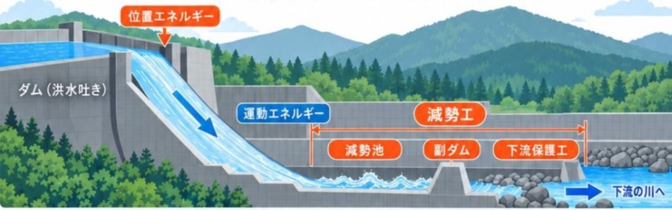 減勢工は、洪水吐きの下流側に設置される（出所：土木研究所）