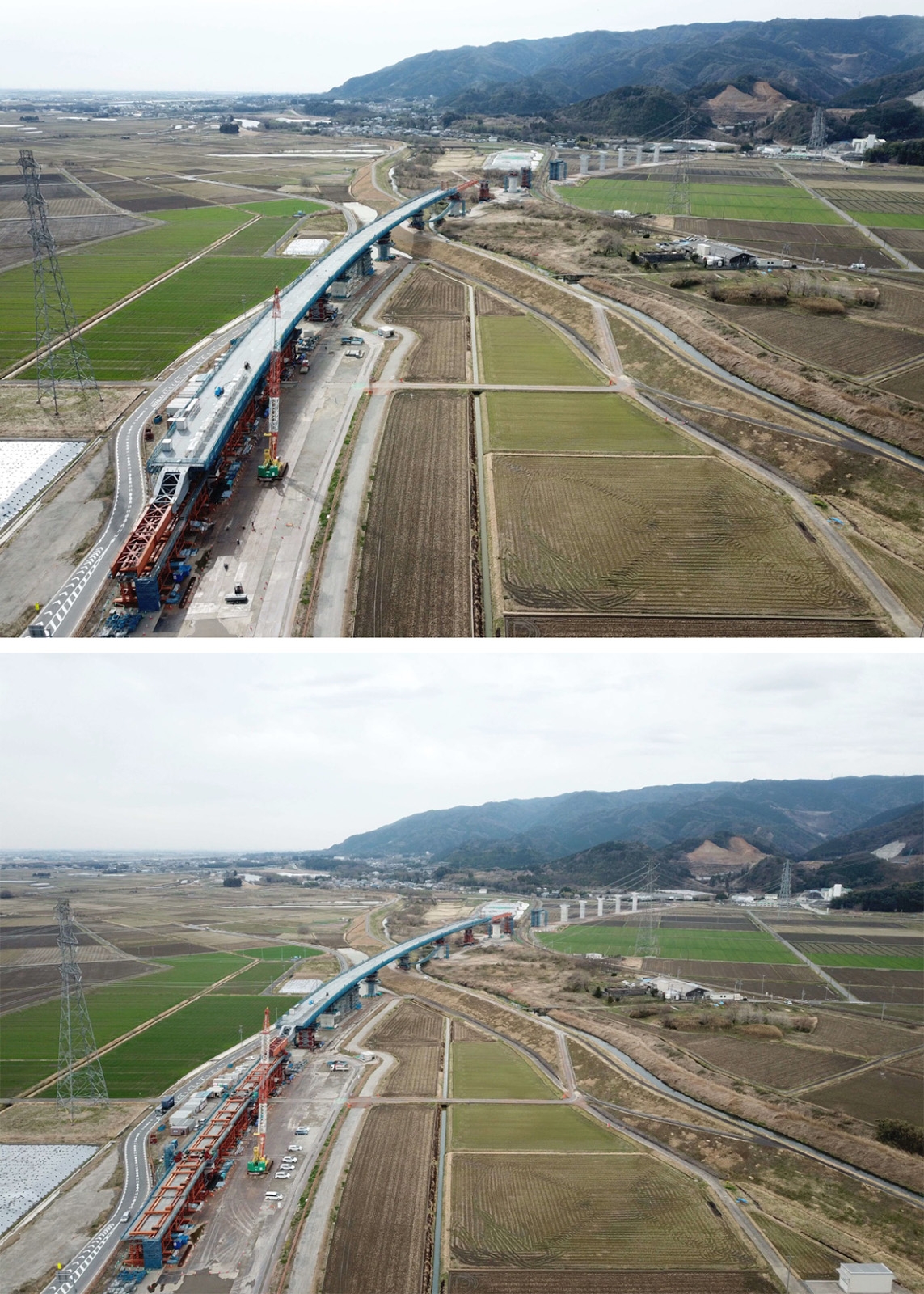 写真上が4回目の送り出しの前で、下が後。写真奥に向かって送り出した。ドローンで撮影