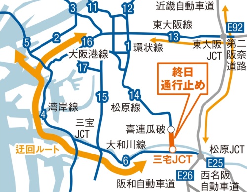 喜連瓜破区間の通行止めに伴う迂回ルート